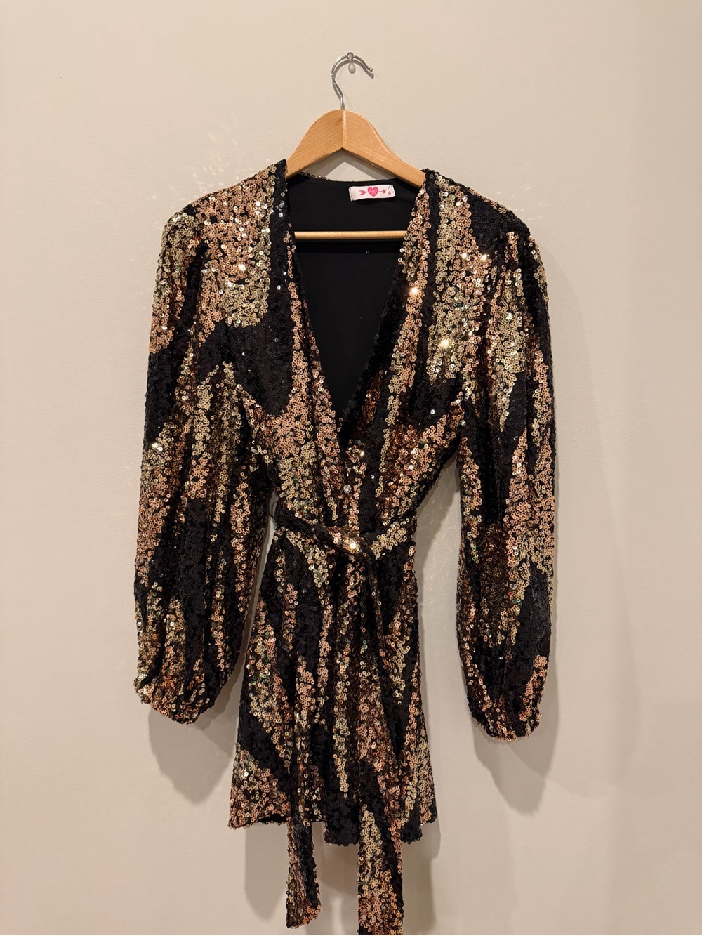Buddy Love Black and Gold Sequin Wrap Mini Dress